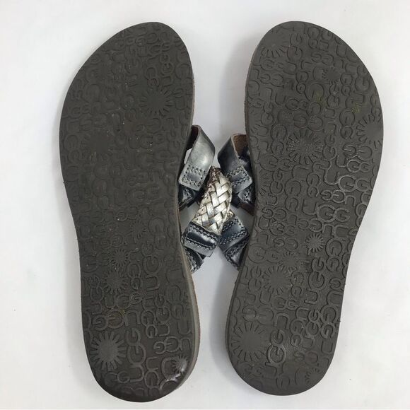 UGG Audra Metallic Silver Braid Leather Double Strap Thong Slide Boho Sandals - Picture 11 of 12